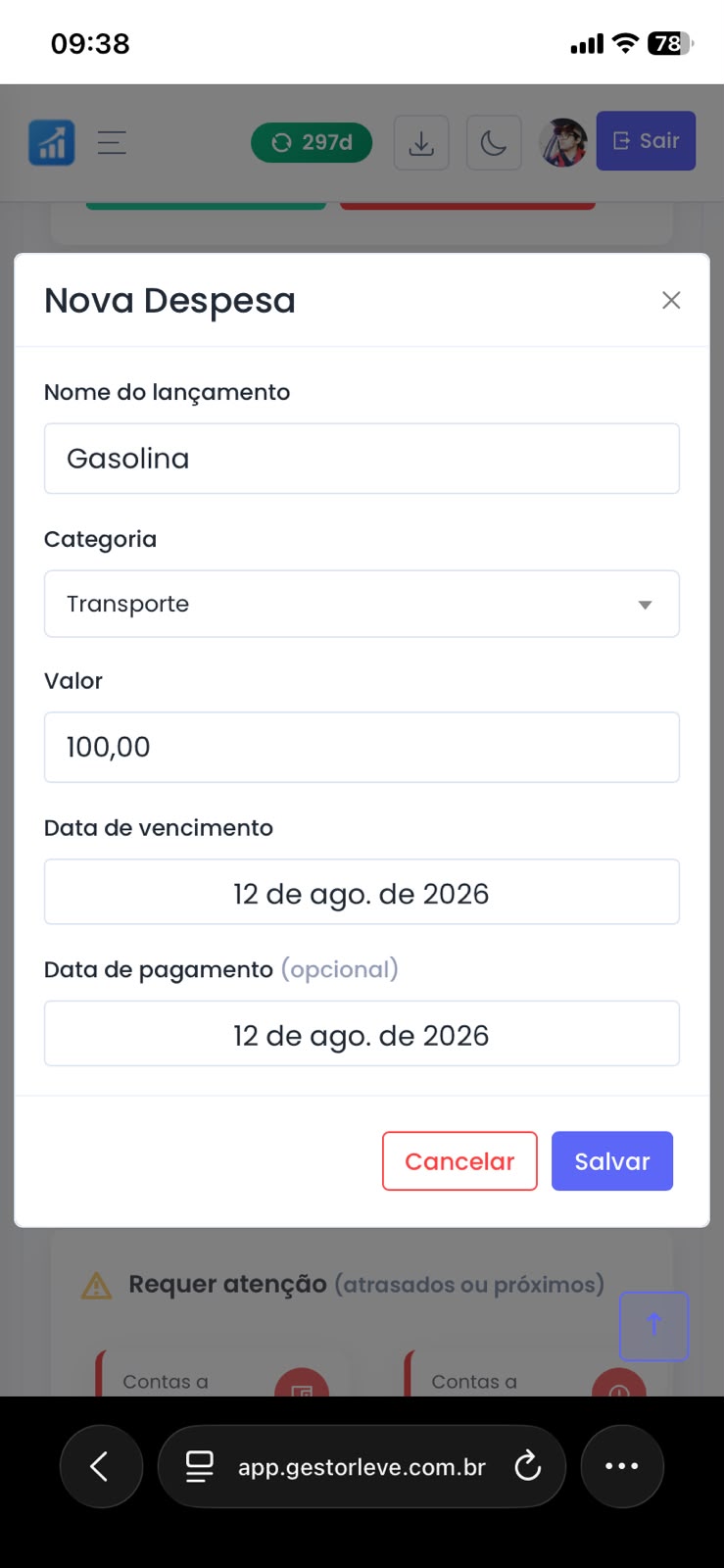 Tela de registro de nova despesa no sistema Gestor Leve